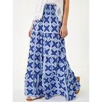 Roman Tile Print Shirred Maxi Skirt