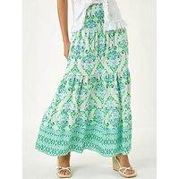 Roman Paisley Print Tiered Maxi Skirt