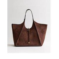 New Look Faux Suede Exposed Seam Tote Bag - Dark Brown