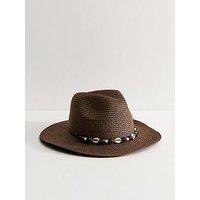 New Look Beaded Shell Trim Straw Fedora Hat - Dark Brown