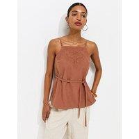 New Look Embroidered Belted Long Cami Top - Dark Brown