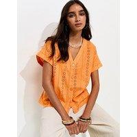 New Look Cotton Broderie Anglaise Button Through Top - Bright Orange