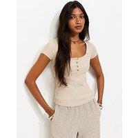 New Look Short Sleeve Ribbed Henley T-Shirt - Stone