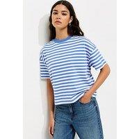 New Look Premium Blue Heavyweight Striped Cotton T-Shirt - Cream