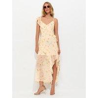 New Look Chiffon Ruffle Trim Floral Midi Dress - Cream