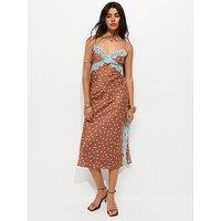 New Look Polka Dot Contrast Lace Trim Slit Midi Dress - Brown