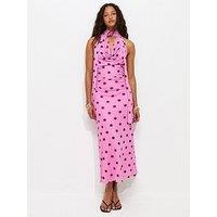 New Look Polka Dot Cowl Neck Scarf Trim Midi Dress - Pink