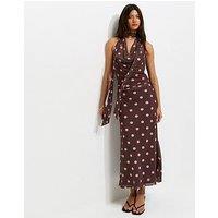 New Look Polka Dot Cowl Neck Scarf Trim Midi Dress - Brown