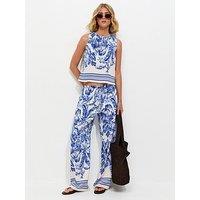 New Look Palm Tree Print Wide Leg Trousers - Blue