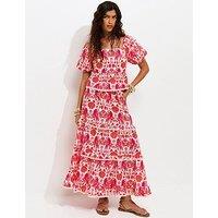 New Look Cotton Parrot Shell Print Tiered Shirred Co-Ord Midi Skirt - Pink