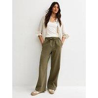 New Look Cotton Twill Drawstring Wide Leg Trousers - Dark Khaki