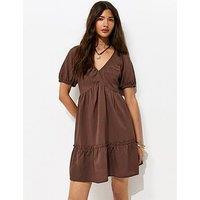 New Look Textured Tiered Mini Smock Dress - Dark Brown