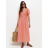 New Look Striped V-Neck Midi Dress - Pink/Orange