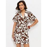 New Look Abstract Print Short Sleeve Shirt Dress - Brown/White