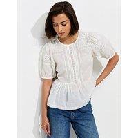 New Look Cotton Lace Trim Puff Sleeve Blouse - White
