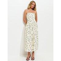 New Look Polka Dot Ruched Bandeau Midi Dress - Cream