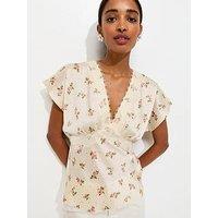 New Look Satin Floral Lace Trim Tea Top - Cream