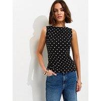 New Look Cotton Rich Polka Dot Slash Neck Sleeveless Top - Black