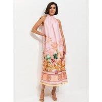 New Look Tropical Print Halter Neck Satin Midi Dress - Pink