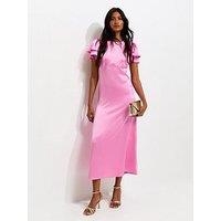 New Look Satin Flutter Sleeve Midi Dress - Bright Pink