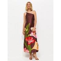 New Look Satin Floral One Shoulder Midi Dress - Brown