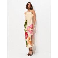 New Look Cream Satin Floral One Shoulder Midi Dress