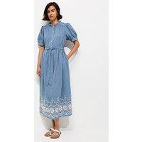 New Look Cotton Chambray Grandad Neck Broderie Midi Dress - Light Blue