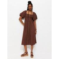 New Look Faux Button Milkmaid Midi Dress - Brown