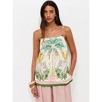 New Look Tropical Print Beaded Strap Cami Top - Cream