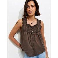 New Look Embroidered Button Front Cami Top - Brown