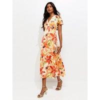 New Look Floral Watercolour Short Sleeve Midi Dress - Orange