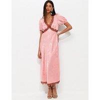 New Look Satin Jacquard Lace Trimmed Midi Dress - Pink