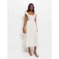 New Look Rose Print Milkmaid Midi Dress - Cream