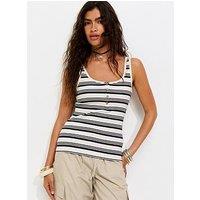New Look Striped Henley U-Neck Vest Top - Cream & Navy