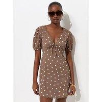 New Look Polka Dot Lace Trim Mini Dress - Brown