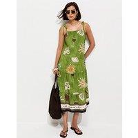 New Look Border Print Tiered Midi Dress - Green
