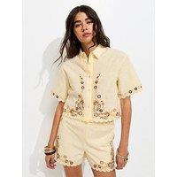 New Look Cream Cotton Floral Embroidered Cropped Co-Ord Shirt