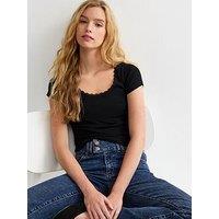 New Look Lace Trim Scoop Neck T-Shirt - Black