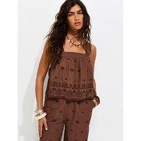 New Look Cotton Broderie Embroidered Scalloped Hem Co-Ord Cami Top - Dark Brown
