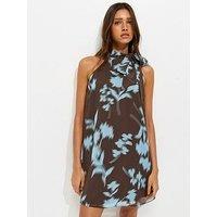 New Look Chiffon Floral Halter Neck Mini Dress - Brown