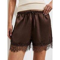 New Look Satin Lace Trim Shorts - Dark Brown