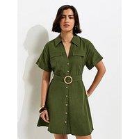 New Look Cotton Belted Mini Shirt Dress - Khaki