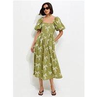 New Look Embroidered Palm Tree Puff Sleeve Midi Dress - Green