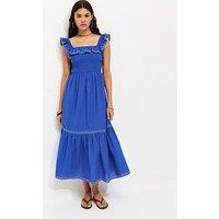 New Look Cotton Embroidered Ruffle Trim Midi Dress - Blue