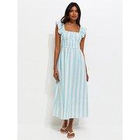 New Look Striped Shirred Waist Frill Sleeve Midi Dress - Blue