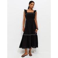 New Look Cotton Embroidered Ruffle Trim Midi Dress - Black