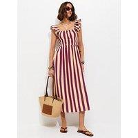 New Look Striped Shirred Frill Midi Dress - Pink
