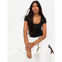 New Look Short Sleeve Ribbed Henley Tee - Black
