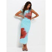 New Look Mesh Blurred Floral Print Off Shoulder Midi Dress - Blue