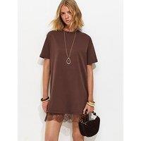 New Look Dark Brown Lace Hem Trim Mini T-Shirt Dress